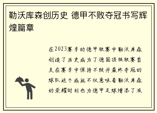 勒沃库森创历史 德甲不败夺冠书写辉煌篇章 勒沃库森创历史 德甲不败夺冠书写辉煌篇章