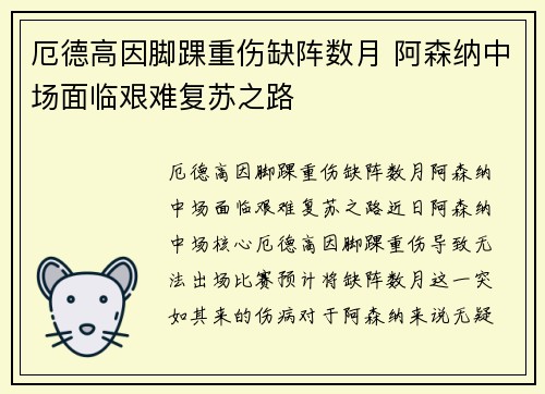 厄德高因脚踝重伤缺阵数月 阿森纳中场面临艰难复苏之路